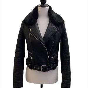 Zara Pu leather biker moto detachable fur collar